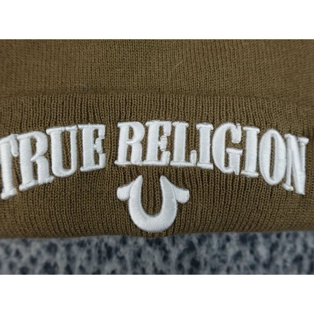 True Religion Beanie Hat Olive Brown White Embroidered Horseshoe Logo Cuffed‎ OS